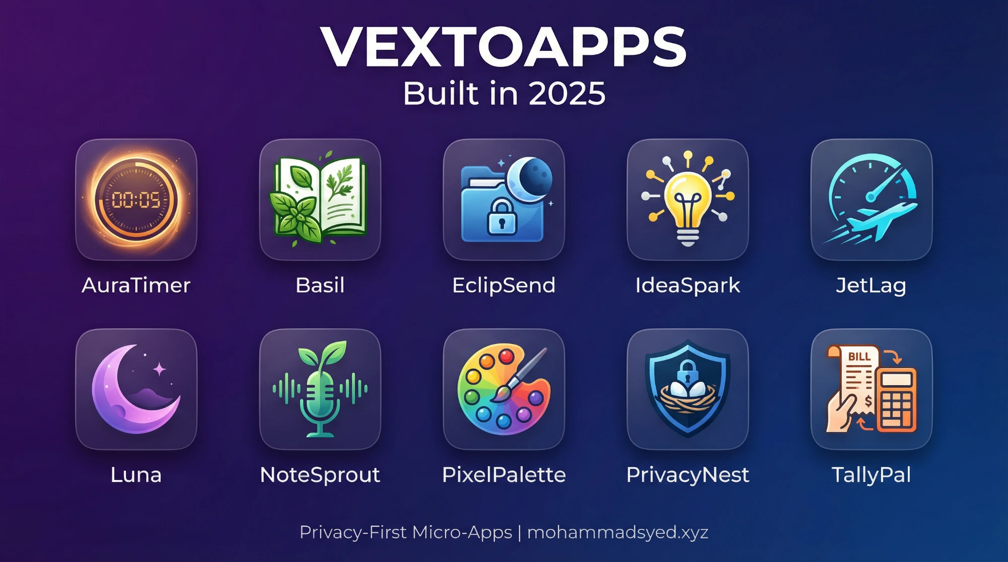 VextoApps built in 2025: AuraTimer, Basil, EclipSend, IdeaSpark, JetLag, Luna, NoteSprout, PixelPalette, PrivacyNest and TallyPal